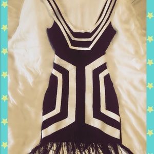 Wow Couture bodycon dress w playful fringe @ hem.